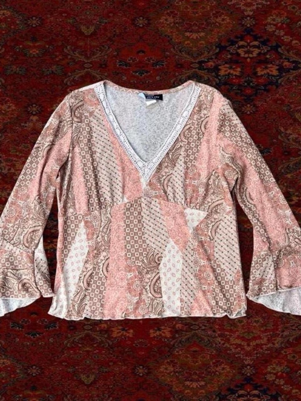 Pink Patchwork V-Neck Long Sleeve Top